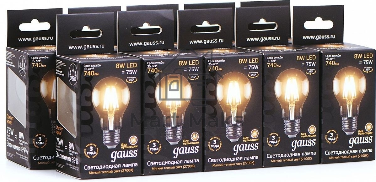Лампа филам. Gauss 8Вт цок.:E27 шар 220B 2700K св.свеч.бел.теп. A60 (упак.:10шт) (102802108)