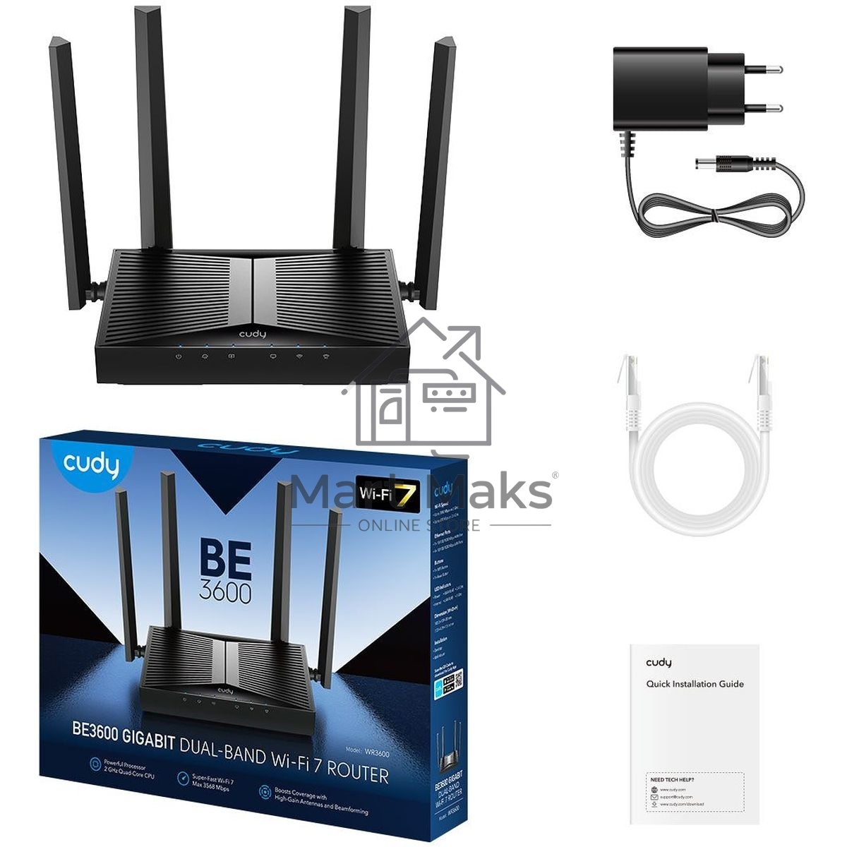 Маршрутизатор Cudy BE3600 Gigabit Dual Band Wi-Fi 7 Mesh Router, Chipset Broadcom, 802.11be/ax/ac/a/b/g/n, 2882Mbps at 5GHz + 688Mbps at 2.4GHz, 5 x 10/100/1000Mbps Ports, 4 x 5dBi fixed antennas, WiFi router/AP/ Repeater/WISP Mode, PPTP/L2TP/OpenVPN/Wire