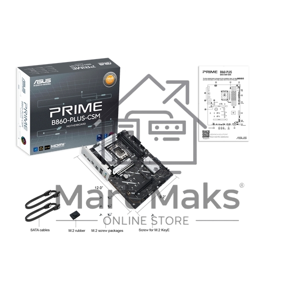 Материнская плата ASUS PRIME B860-PLUS-CSM, LGA 1851, Intel B860, 4xDDR5, 4xSATA, 3xM.2, 1xPCIe 5.0 x16, 1xPCIe 4.0 x16, 1xHDMI, 1xDP, 1x2.5Gb LAN, 2xUSB 2.0, 1xUSB 3.2 Gen 1, 2xUSB 3.2 Gen 2, 1xUSB-C 3.2 Gen 2x2, 3x3.5 мм, 7.1, ATX