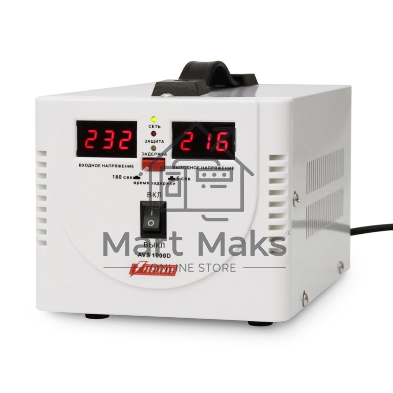 Стабилизатор напряжения Powerman AVS-D Voltage Regulator 1000VA, Digital Indication, 2x Schuko Outlets, 1m Power Cord, 230V, 1 year warranty, White