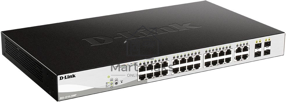 Коммутатор D-Link DGS-1210-28MP/FL1A, L2 Managed Switch with 24 10/100/1000Base-T ports and 4 100/1000Base-T/SFP combo-ports (24 PoE ports 802.3af/802.3at (30 W), PoE Budget 370 W).8K Mac address, 802.3x Flow C
