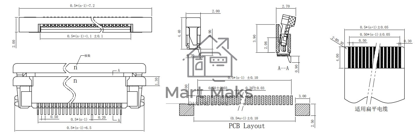 Разъем FPC  Half Coverage Top Contact 0.5K-BS-12PWB 12 pin высота 2мм шаг 0,5мм