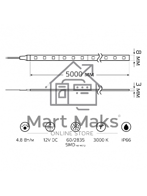 Лента светодиодная Gauss Elementary 2835 -SMD 4.8W 12V DC теплый белый IP66 (ZIP bag 5m)