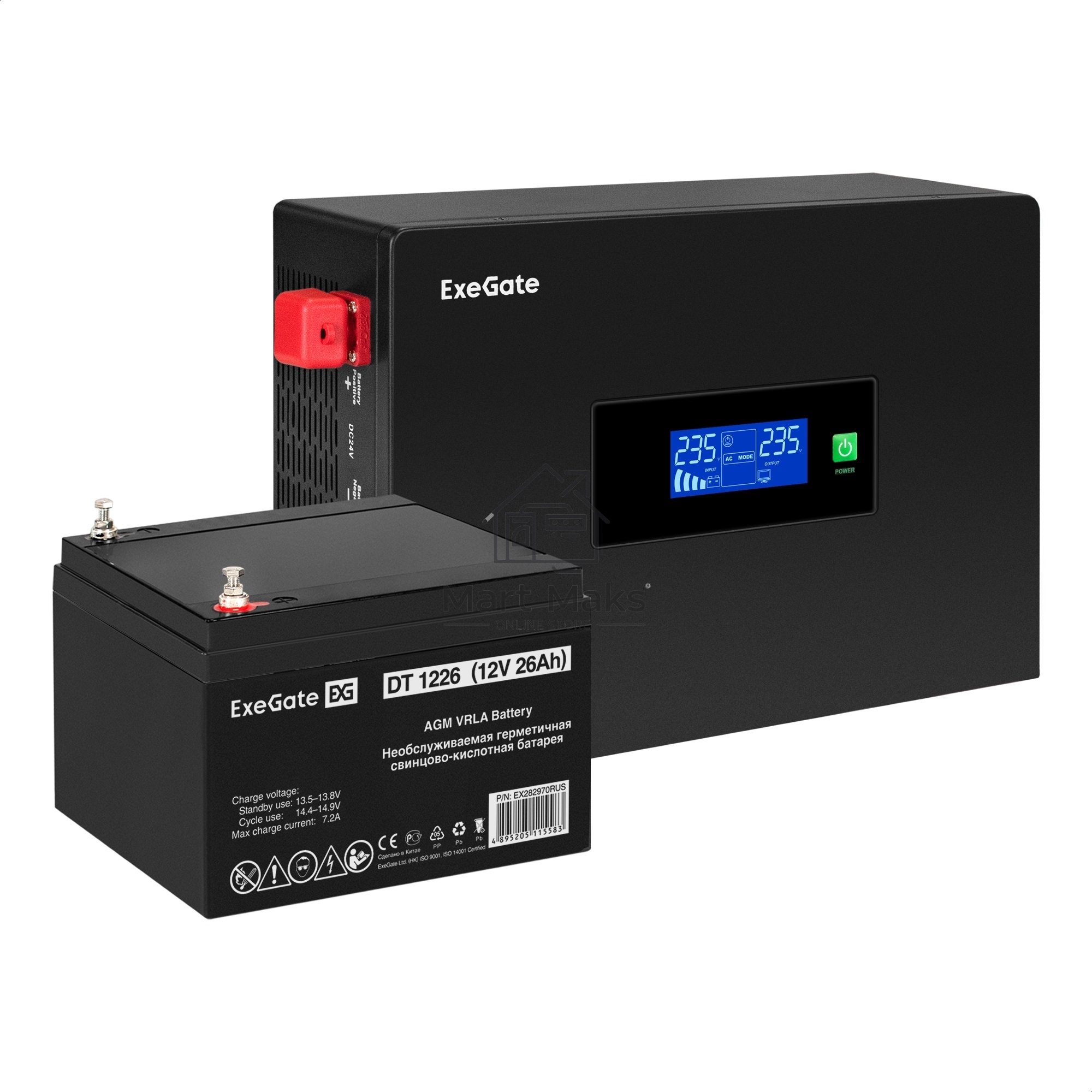 Комплект Источник бесперебойного питания EX295992RUS + батарея 26Aч EX282970RUS 1шт (инвертор, синус, для котла, PF=1, настенный) ExeGate IdealSine SR-600.LCD.2SH <600VA/600W, чистая синусоида, цветной LCD-дисплей, 2*Schuko, крепление настенное, Black> + 