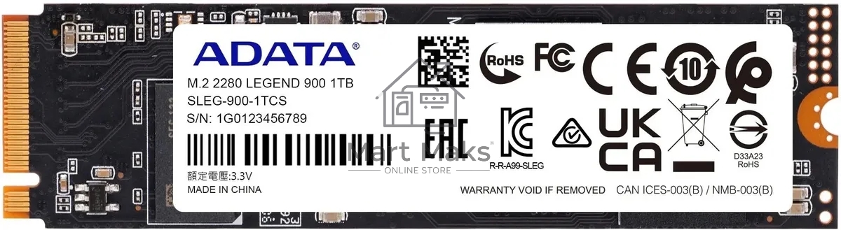 Накопитель SSD ADATA LEGEND 900, 1Tb, PCIe 4.0 x4, M.2 2280, NVMe, R/W 7000/4700, с радиатором