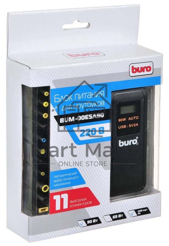 Блок питания Buro BUM-0065A90 автоматический 90W 12V-20V 11-connectors 5A 1xUSB 2.1A от бытовой электросети LСD индикатор