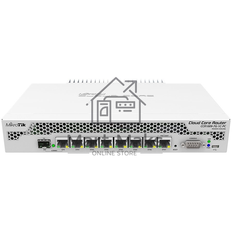 Маршрутизатор Mikrotik CCR1009-7G-1C-PC with Tilera Tile-Gx9 CPU (9-cores, 1Ghz per core), 1GB RAM, 7xGbit LAN, 1x Combo port (1xGbit LAN or SFP), RouterOS L6, passive cooling desktop enclosure, rackmount ears, PSU