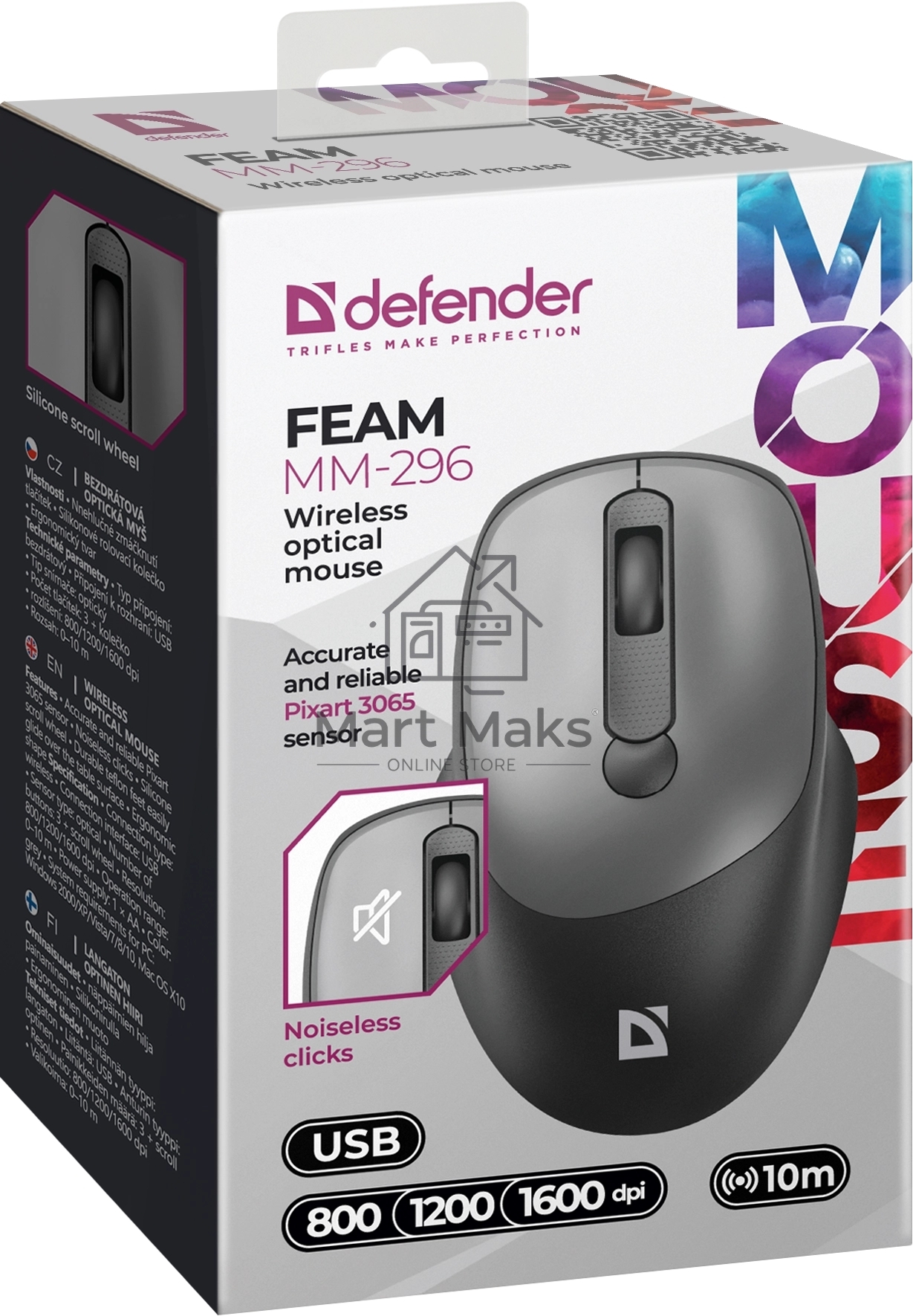 Мышь беспроводная Defender Feam MM-296 черный, 1600 dpi, радиоканал, USB, кнопки - 4