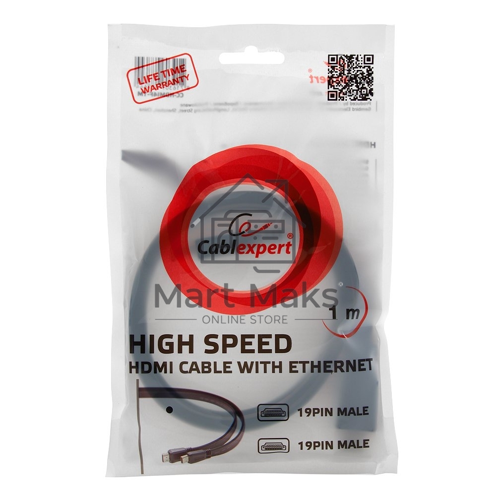 Кабель Cablexpert HDMI CC-HDMI490-15, 19M/19M, v2.0, медь, позол.разъемы, экран, плоский кабель, 1м, черный, пакет