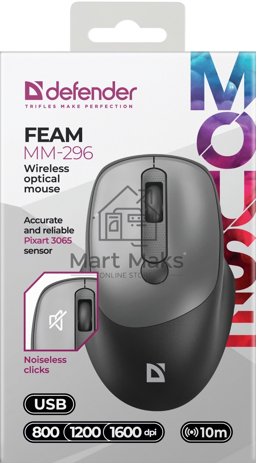 Мышь беспроводная Defender Feam MM-296 черный, 1600 dpi, радиоканал, USB, кнопки - 4