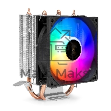Кулер ExeGate Wizard EXX200-PWM.RGB (Al+Cu, 2 тепл.трубки, LGA775/1150/1151/1155/1156/1200/1700/1851/AM2/AM2+/AM3/AM3+/AM4/AM5/FM1/FM2/754/939/940, TDP 95W, Fan 90мм, PWM, 800-2400RPM, Hydro bearing, 4pin, 11-24db, 305г, RGB подсветка, с термопастой, на защелках, RTL)