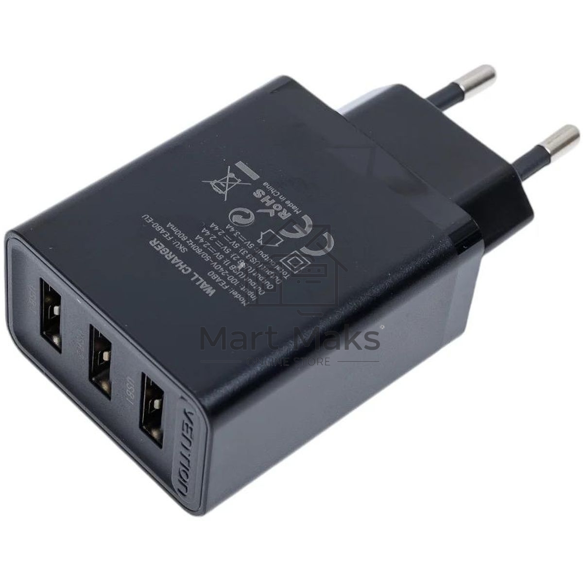 Сетевое зарядное устройство Vention на 3 порта USB 2.4A черный