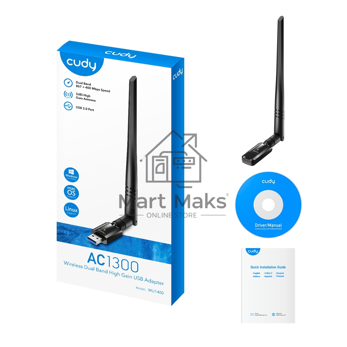 Сетевой адаптер Wi-Fi Cudy WU1400 AC1300 USB 3.0 (ант.внеш.несъем.) 1ант.