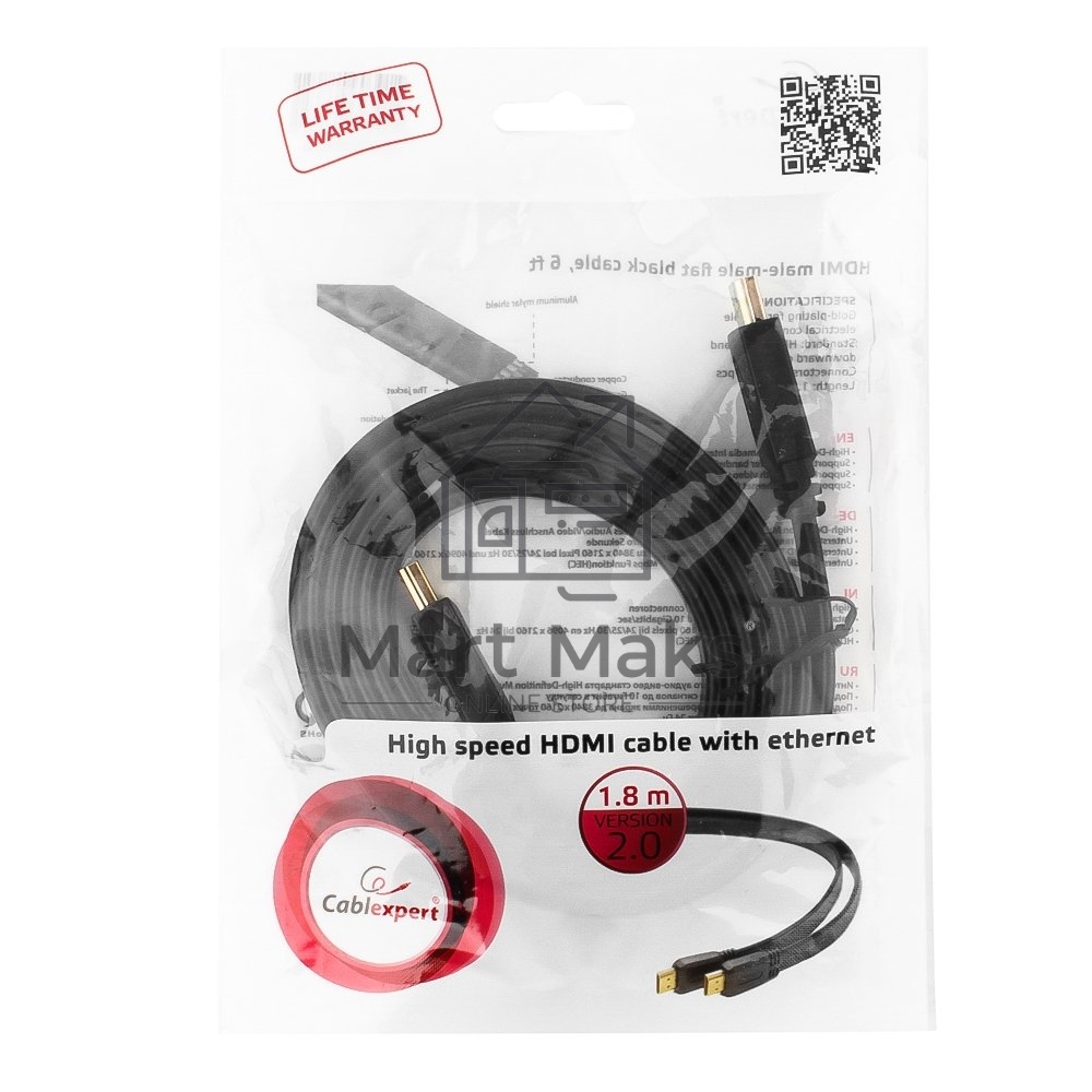 Кабель Cablexpert HDMI CC-HDMI4F-6, 19M/19M, v2.0, медь, позол.разъемы, экран, плоский кабель, 1.8м, черный, пакет