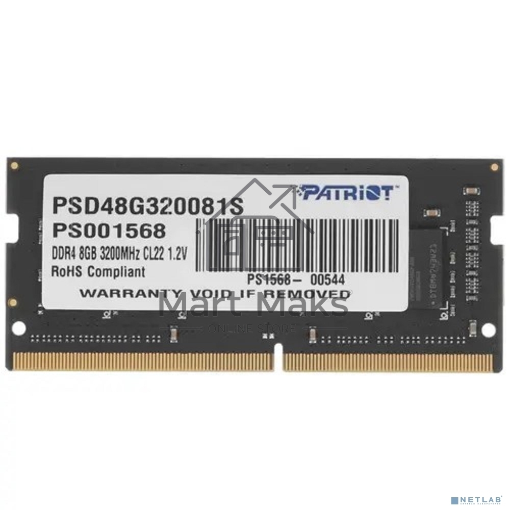 Оперативная память Patriot Signature, DDR4, 8GB (1x8 GB), 3200 MHz, CL22, SO-DIMM