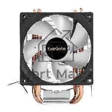 Кулер ExeGate Wizard EXX200-PWM.RGB (Al+Cu, 2 тепл.трубки, LGA775/1150/1151/1155/1156/1200/1700/1851/AM2/AM2+/AM3/AM3+/AM4/AM5/FM1/FM2/754/939/940, TDP 95W, Fan 90мм, PWM, 800-2400RPM, Hydro bearing, 4pin, 11-24db, 305г, RGB подсветка, с термопастой, на защелках, RTL)