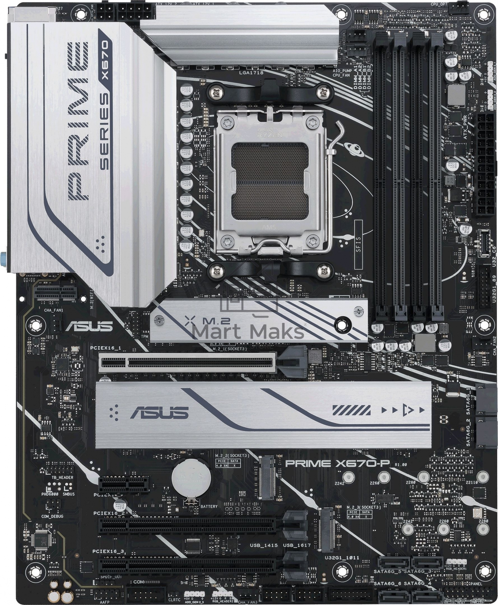 Материнская плата ASUS PRIME X670-P, AM5, AMD X670, 4xDDR5, 6xSATA, 3xM.2, 1xPCI-E 4.0 x16, 2xPCI-E 4.0 x4, 1xPCI-E x1, 1xHDMI, 1xDP, 1x 2.5Gb LAN, 2xUSB-A 2.0, 3xUSB-A 3.2 Gen 1, 3xUSB-A 3.2 Gen 2, 1xUSB-C 3.2 Gen 2x2, 3x3.5 мм, 7.1, ATX.