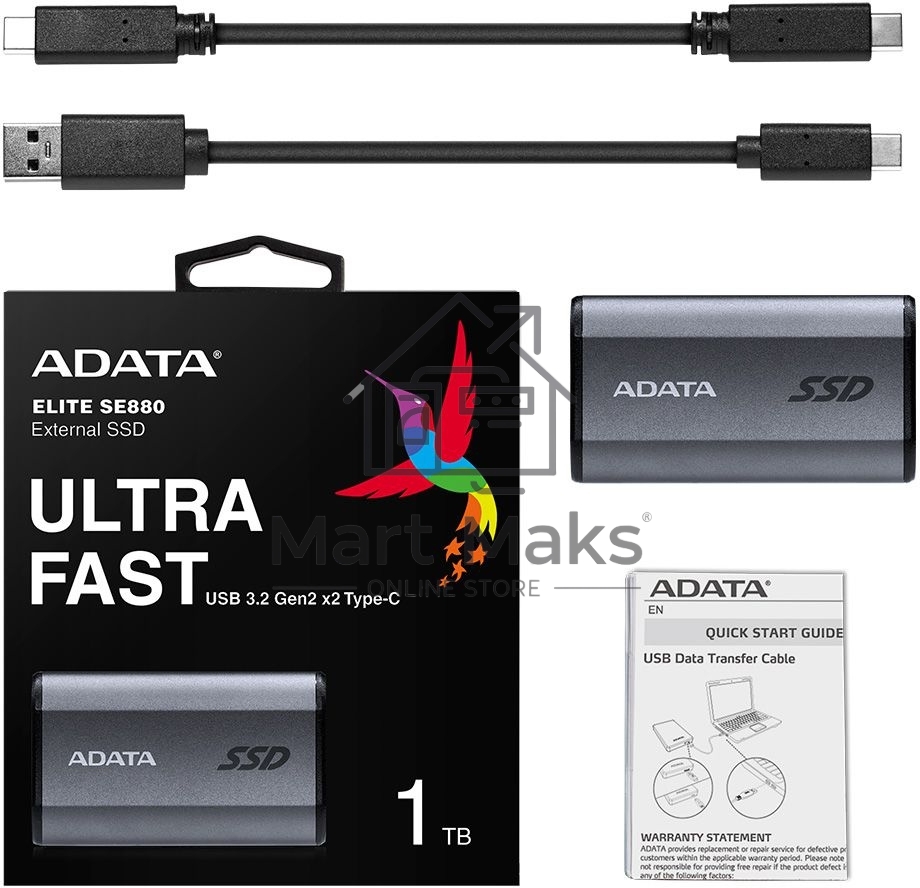 Внешний накопитель SSD ADATA 1Tb USB3.2, SE880, R/W 2000MB/2000MB/s, серый