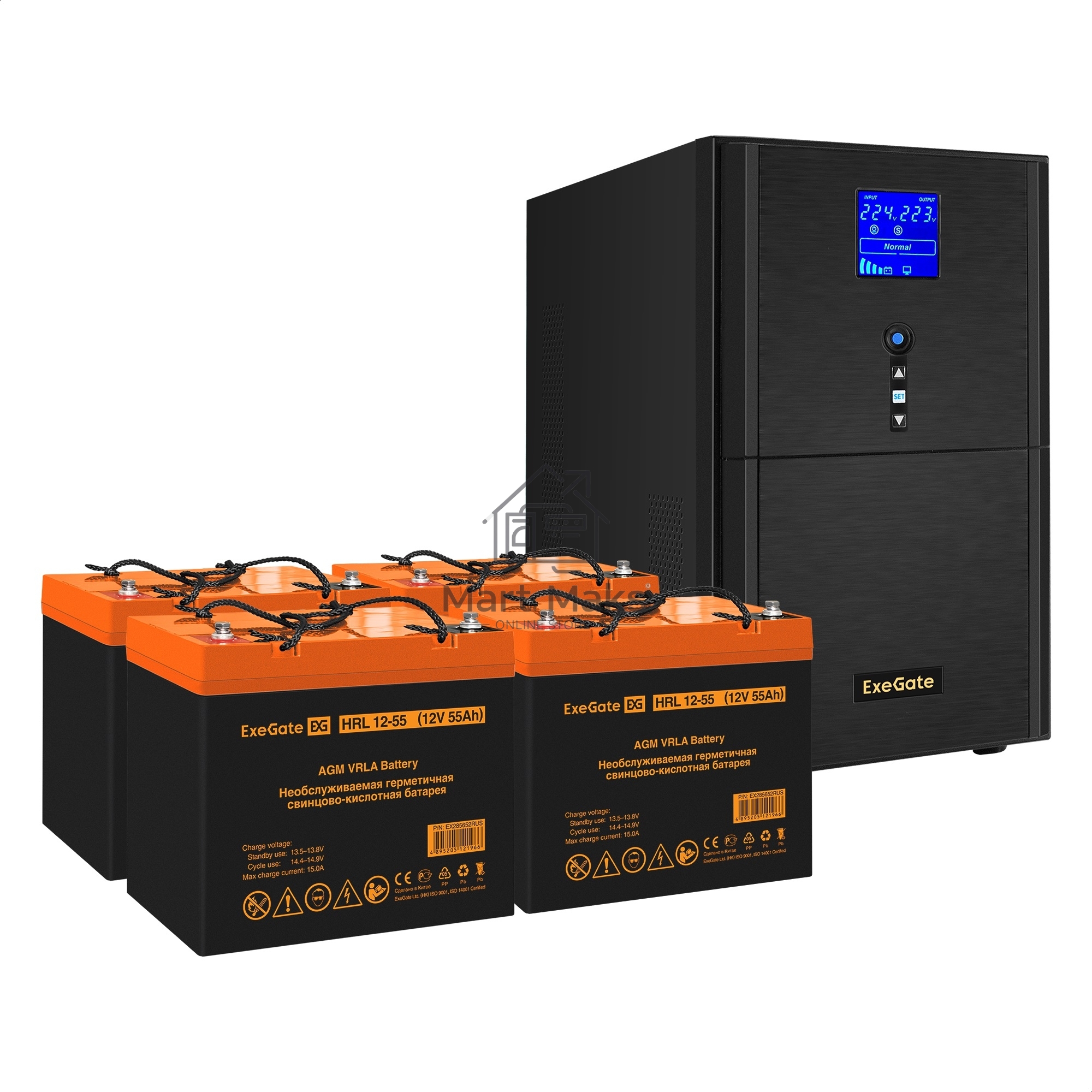 Комплект ИБП EX295990RUS + батарея 55Aч EX285652RUS 4шт (инвертор, синус, для котла) ExeGate SineTower SZ-3000.LCD.AVR.3SH.1C13.RJ.USB <3000VA/2400W, чистый синусоида, LCD дисплей, AVR, 3*Schuko+1*C13, RJ45/11, USB, линейно-интерактивный, Black> + батарея