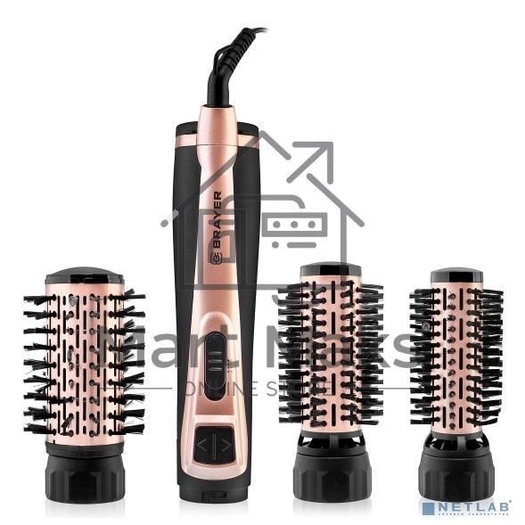Фен-щетка BRAYER BR3100, 1000Вт, 3 насадки: 35, 40, 50 мм, 2 скорости, шнур 1,8 м