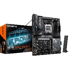 Материнская плата Gigabyte X870E EAGLE X3D WIFI7, AM5, AMD X870E, 4xDDR5, 4xSATA, 4xM.2, 1xPCIe 5.0 x16, 1xPCIe 4.0 x16, 1xPCIe 3.0 x16, 1xHDMI, 1x5Gb LAN, Wi-Fi 7, Bluetooth 5.4, 2xUSB-C 40Gbps (USB4), 1xUSB-C 10Gbps, 4xUSB-A 10Gbps, 4xUSB-A 5Gbps, 3x3.5 мм + S/PDIF оптический, 7.1, чёрный, с подсветкой, ATX