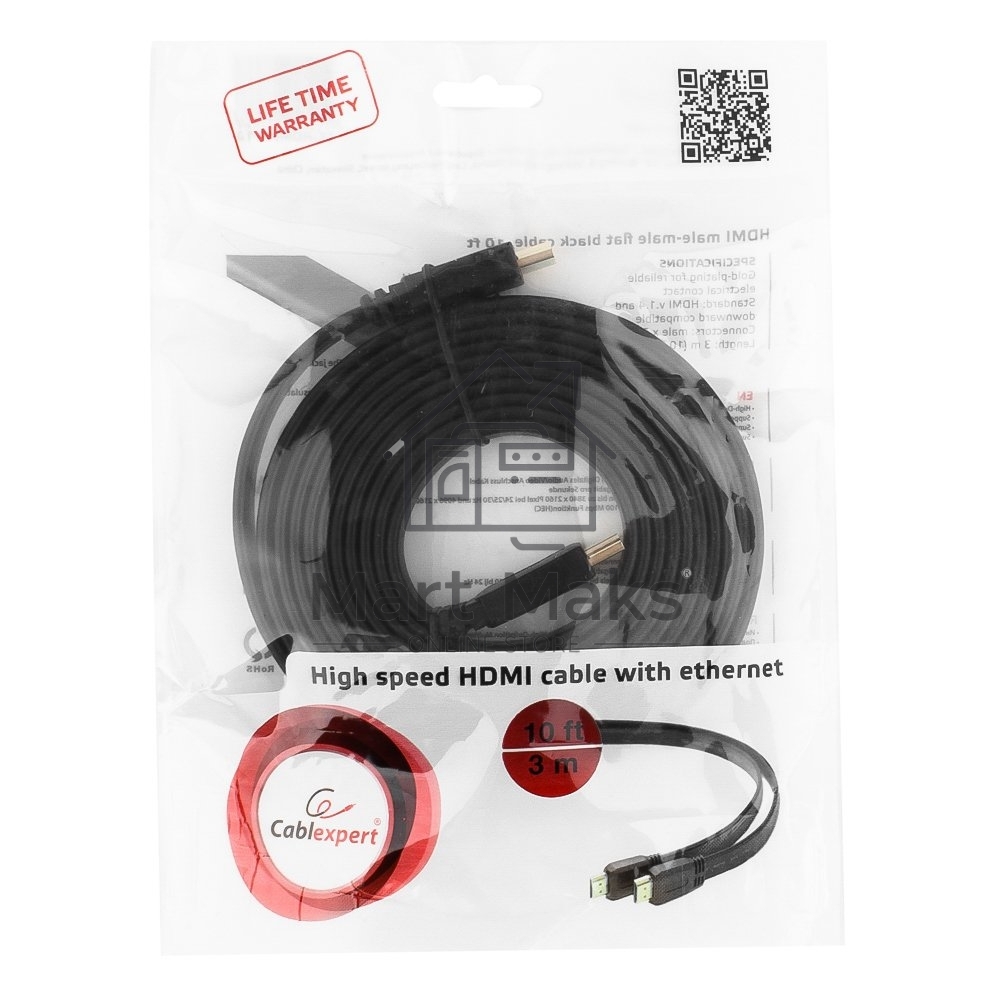 Кабель Cablexpert HDMI CC-HDMI4F-10, 19M/19M, v2.0, медь, позол.разъемы, экран, плоский кабель, 3м, черный, пакет