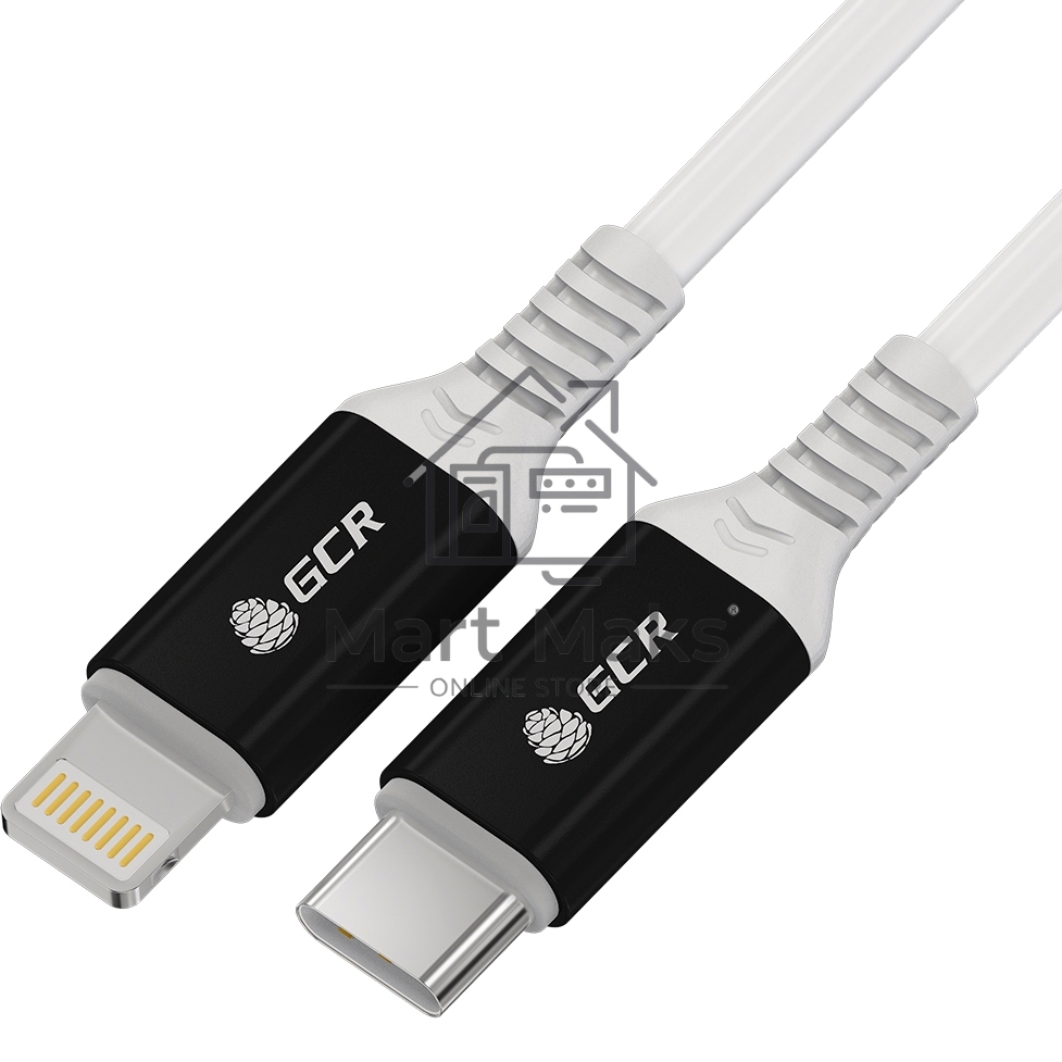 Кабель GCR PREMIUM 1.0m TypeC/Lightning MFI POWER DELIVERY 18 W, быстрая зарядка, белый силикон, AL case черный, белый ПВХ, GCR-53465