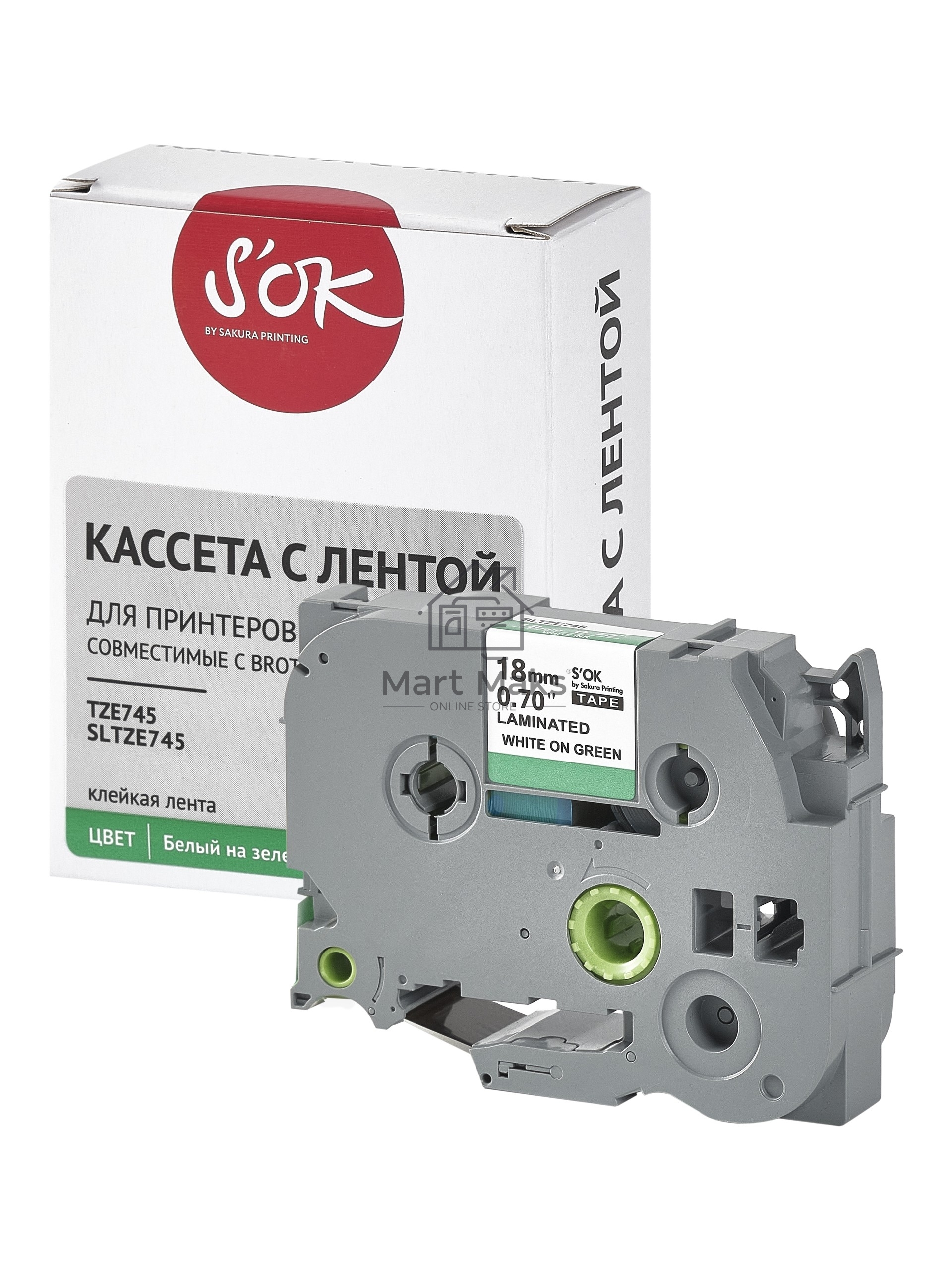 Кассета с лентой S'OK by Sakura Printing TZE745 для Brother, белый на зеленом, 18мм/8м, наклейка