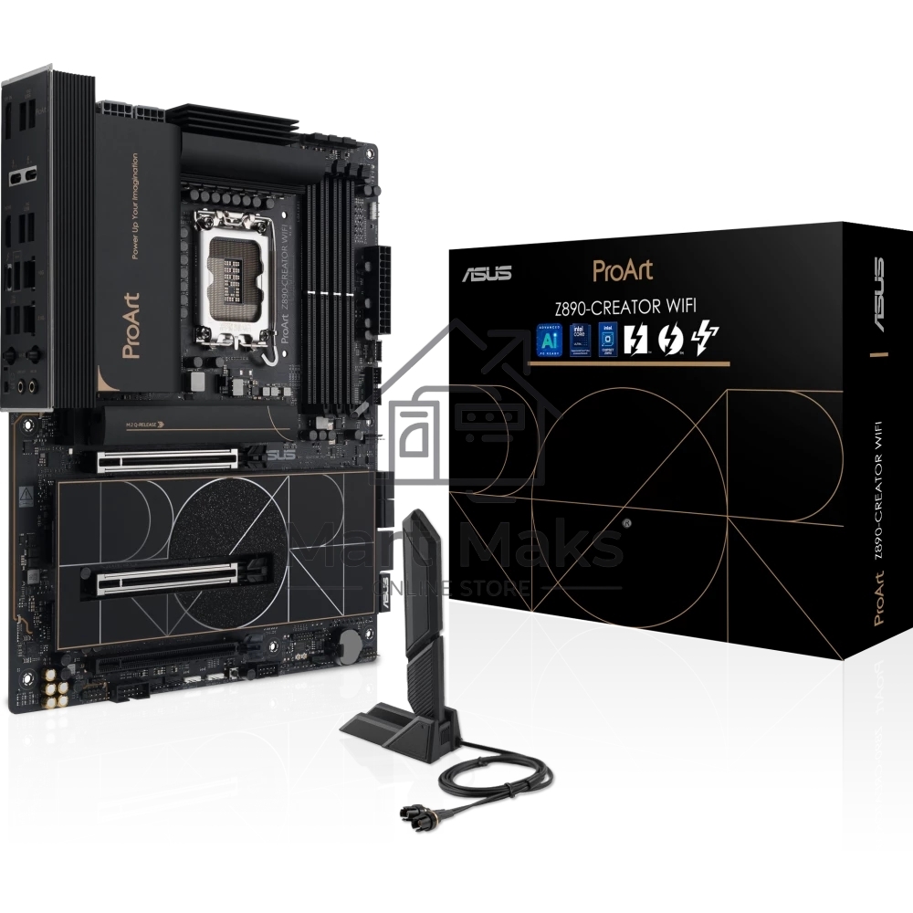 Материнская плата ASUS ProArt Z890-CREATOR WIFI, LGA 1851, Intel Z890, 4xDDR5, 4xSATA, 5xM.2, 2xPCIe 5.0 x16, 1xPCIe 4.0 x16, 1xHDMI, 1xDP, 1x 10Gb LAN, 1x 2.5Gb LAN, 2xUSB-C 10Gbps, 6xUSB-A 10Gbps, 1xUSB-A 2.0, 7.1, ATX