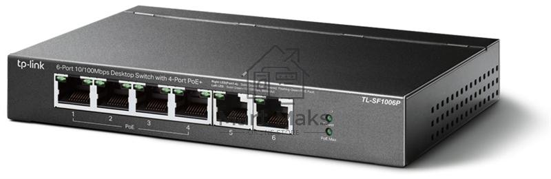 Коммутатор TP-Link 4-port 10/100Mbps Unmanaged PoE+ Switch with 2 10/100Mbps uplink ports, meta case, desktop mount, 4 802.3af/at compliant PoE+ port, 2 10/100Mbps uplink ports, DIP switches for Extend mode, Isolation mode and Priority mode, up to 250m Po