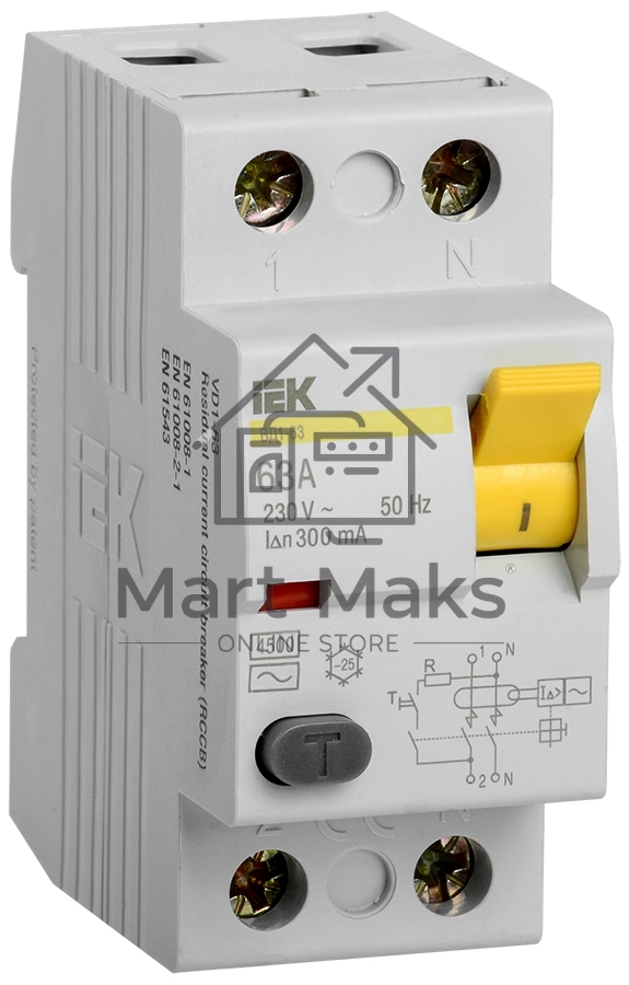 Выключатель дифференциальныйУЗО Iek MDV10-2-063-300 ВД1-63 2Р 63А 300мА ИЭК