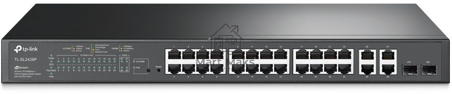 Сетевой коммутатор JetStream 24-port 10/100Mbps + 4-port Gigabit L2 Smart Switch with 24-port PoE+, PoE budget up to 250W, support PoE power management, with abundant L2 features,1U rack mountable, full managed via web UI/CLI/SSH/Telnet/SNMP
