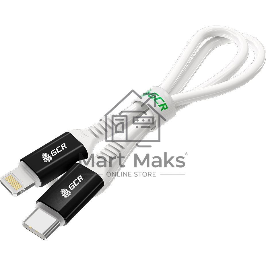 Кабель GCR PREMIUM 1.0m TypeC/Lightning MFI POWER DELIVERY 18 W, быстрая зарядка, белый силикон, AL case черный, белый ПВХ, GCR-53465