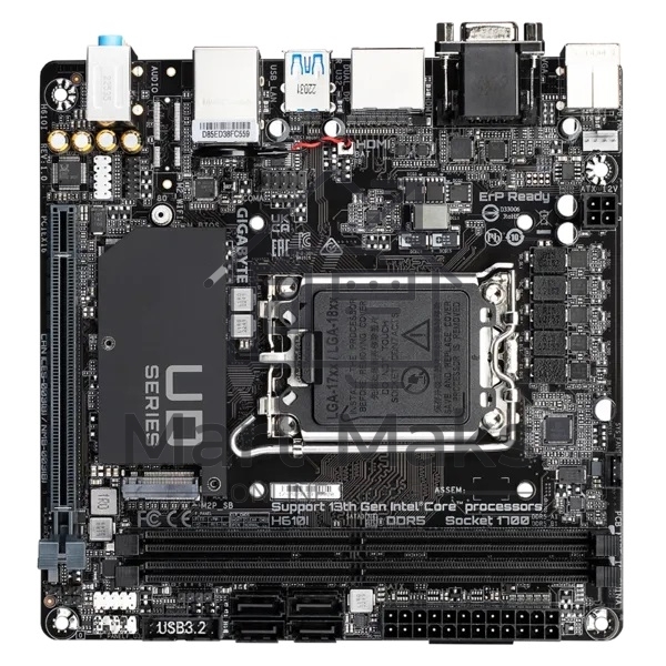 Материнская плата Gigabyte H610I, LGA 1700, Intel H610, 2xDDR5, 4xSATA, 1xM.2, 1xPCIe 4.0 x16, 1xHDMI, 1xVGA, 2xDP, 1x 1Gb LAN, 2xUSB-A 3.2 Gen 1, 4xUSB-A 2.0, 3x 3.5 мм, 7.1, Mini-ITX