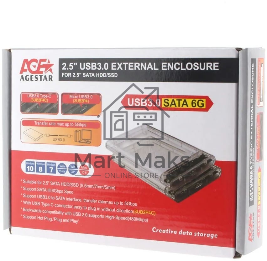 Внешний корпус для HDD/SSD AgeStar 3UB2P4C SATA III пластик прозрачный 2.5