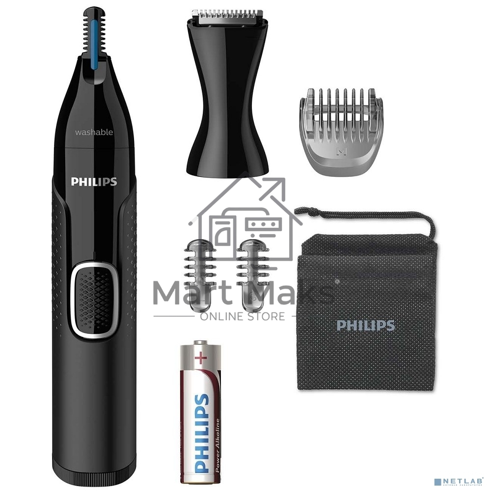 Триммер Philips для носа и ушей, черный, корпус - пластик, 3 насадки-гребня, насадка - триммер, щеточка для очистки, мягкий чехол, батарейка