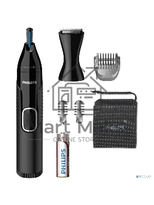 Триммер Philips для носа и ушей, черный, корпус - пластик, 3 насадки-гребня, насадка - триммер, щеточка для очистки, мягкий чехол, батарейка