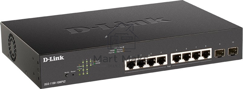 Настраиваемый L2 коммутатор D-Link DGS-1100-10MPV2/A3A с 8 портами 10/100/1000Base-T и 2 портами 1000Base-X SFP (8 портов PoE 802.3af/at, PoE-бюджет 130 Вт)