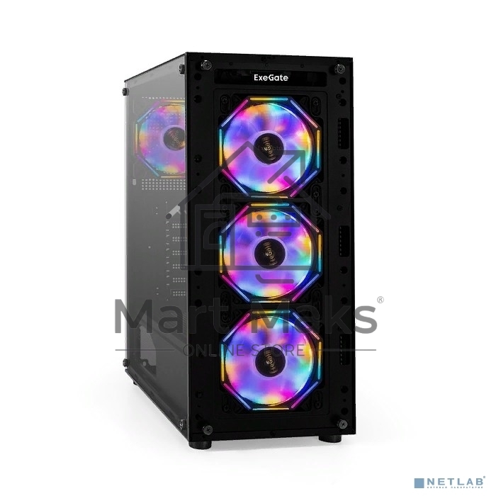 Компьютерный корпус Miditower ExeGate i3 BASE (ATX, без БП, с окном, 1*USB+1*USB3.0, аудио, 4 вент. 12см с RGB подсветкой)