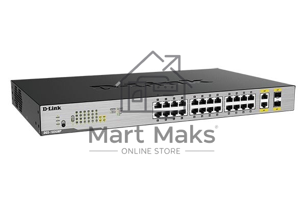 Неуправляемый коммутатор D-Link DGS-1026MP/B2A с 24 портами 10/100/1000Base-T, 2 комбо-портами 100/1000Base-T/SFP (24 порта PoE 802.3af/at, PoE-бюджет 370 Вт)