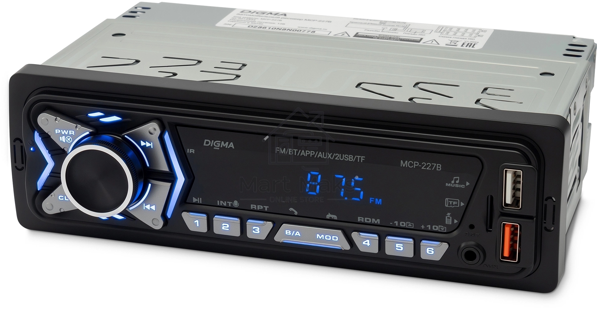 Автомагнитола Digma MCP-227B 1DIN 2x45Вт v5.0 USB 2.0 AUX 2 ПДУ