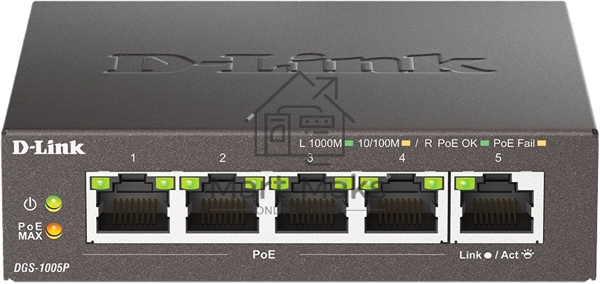 Неуправляемый коммутатор D-Link DGS-1005P/B3A с 5 портами 10/100/1000Base-T (4 порта PoE 802.3af/at, PoE-бюджет 60 Вт)
