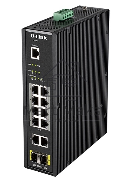 КоммутаторD-Link DIS-200G-12PS/A1A, L2 Managed Industrial Switch with 10 10/100/1000Base-T and 2 1000Base-X SFP ports (8 PoE ports 802.3af/802.3at (30 W), PoE Budget 123 W)8K Mac address, 802.3x Flow Control,