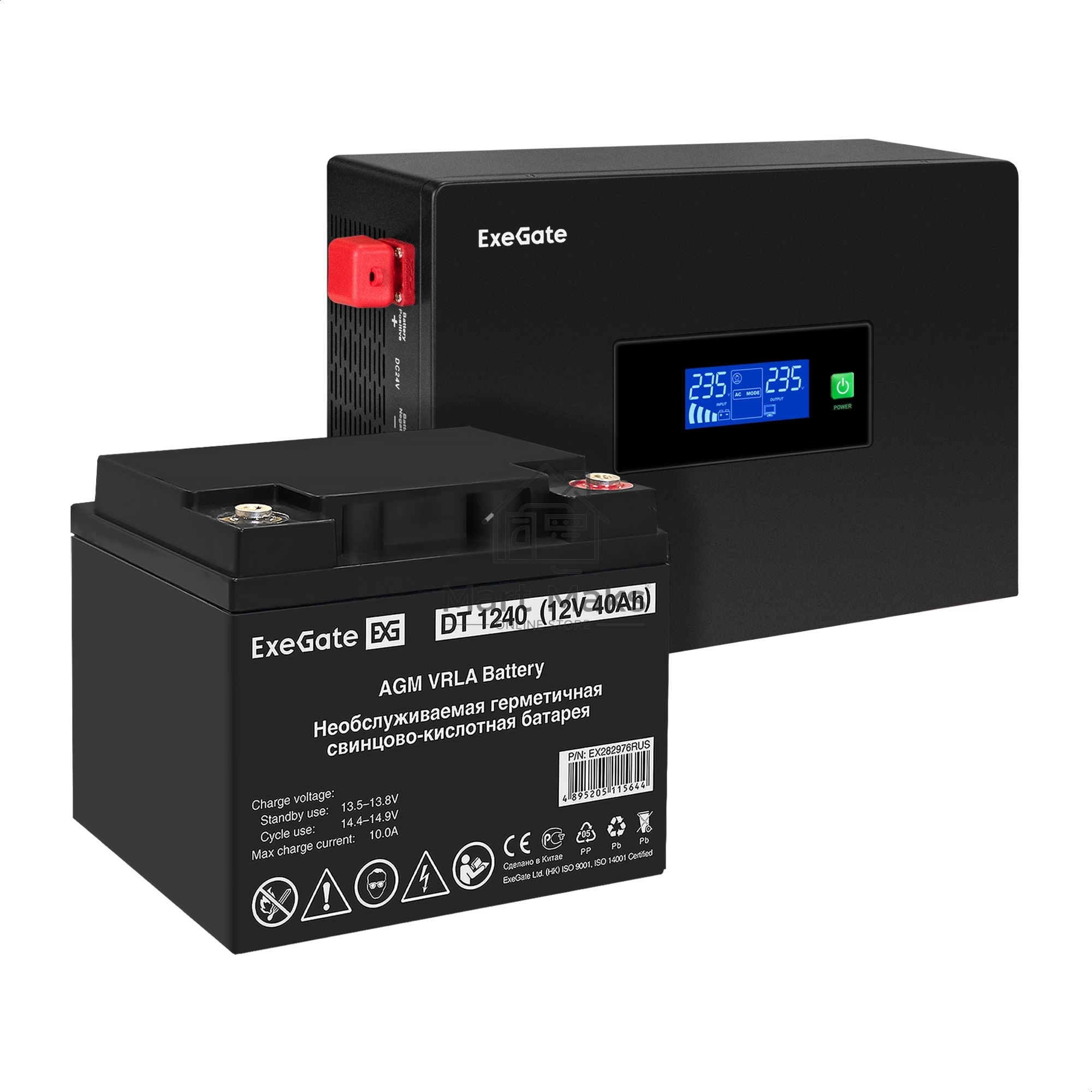 Комплект ИБП EX295992RUS + батарея 40Aч EX282976RUS 1шт (инвертор, синус, для котла, PF=1, настенный) ExeGate IdealSine SR-600.LCD.2SH <600VA/600W, чистая синусоида, цветной LCD-дисплей, 2*Schuko, крепление настенное, Black> + батарея ExeGate DT 1240 (12В