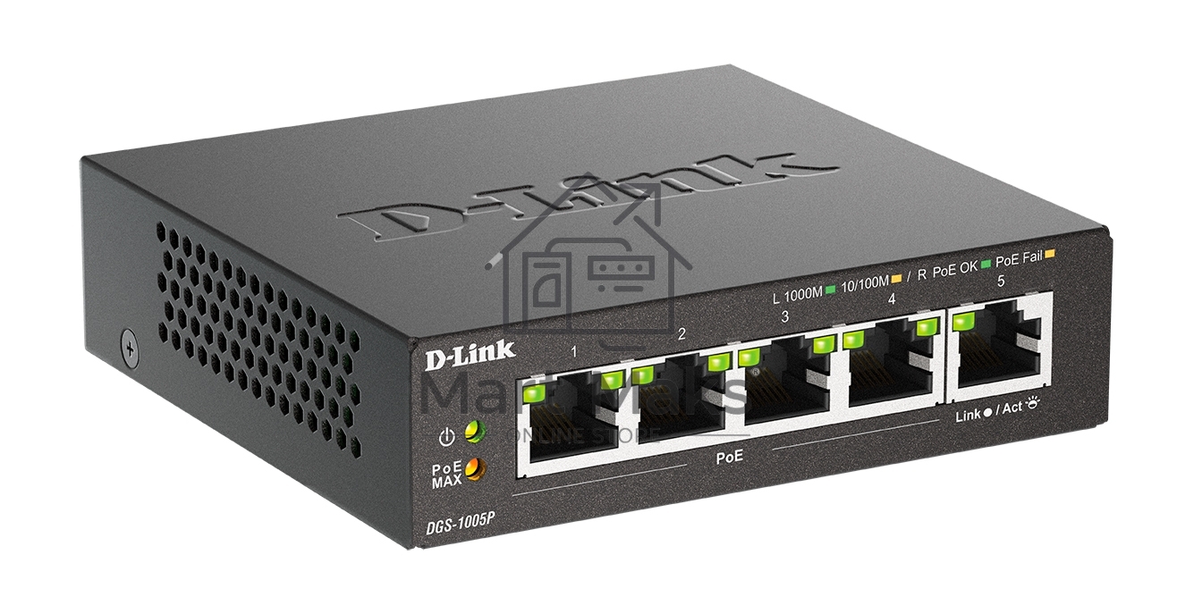 Неуправляемый коммутатор D-Link DGS-1005P/B3A с 5 портами 10/100/1000Base-T (4 порта PoE 802.3af/at, PoE-бюджет 60 Вт)