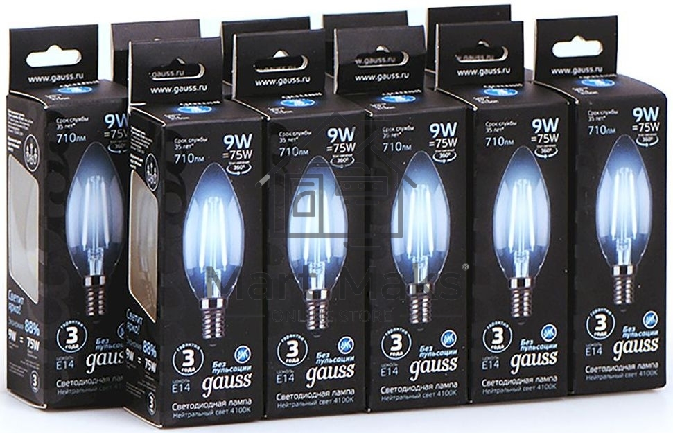 Лампа филам. Gauss 9Вт цок.:E14 свеча 220B 4100K св.свеч.бел.ней. C37 (упак.:10шт) (103801209)