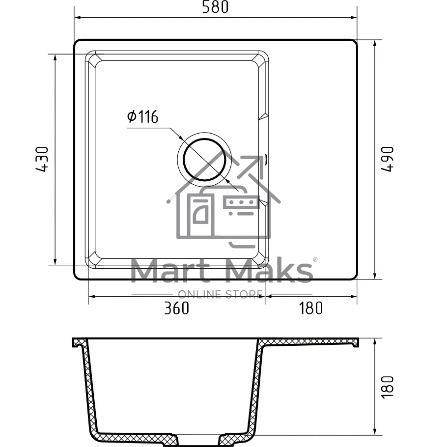 Мойка GRANFEST URBAN 658L 1-чаша+крыло 580*490мм, монтаж: врезной, материал: кварц, белый