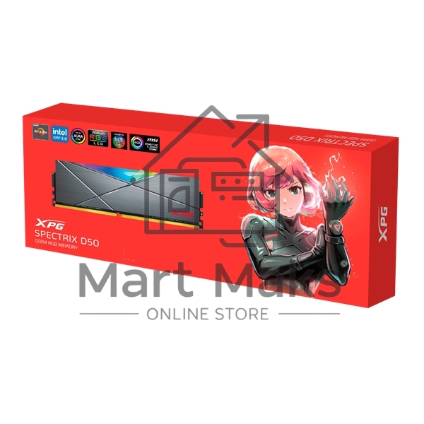 Оперативная память XPG Spectrix D50 RGB, DDR4, 32GB (2x16GB), 3200MHz, CL16, UDIMM, с радиатором, RGB, серый