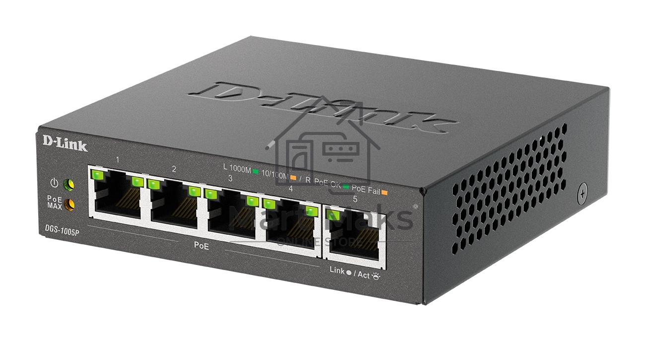Неуправляемый коммутатор D-Link DGS-1005P/B3A с 5 портами 10/100/1000Base-T (4 порта PoE 802.3af/at, PoE-бюджет 60 Вт)