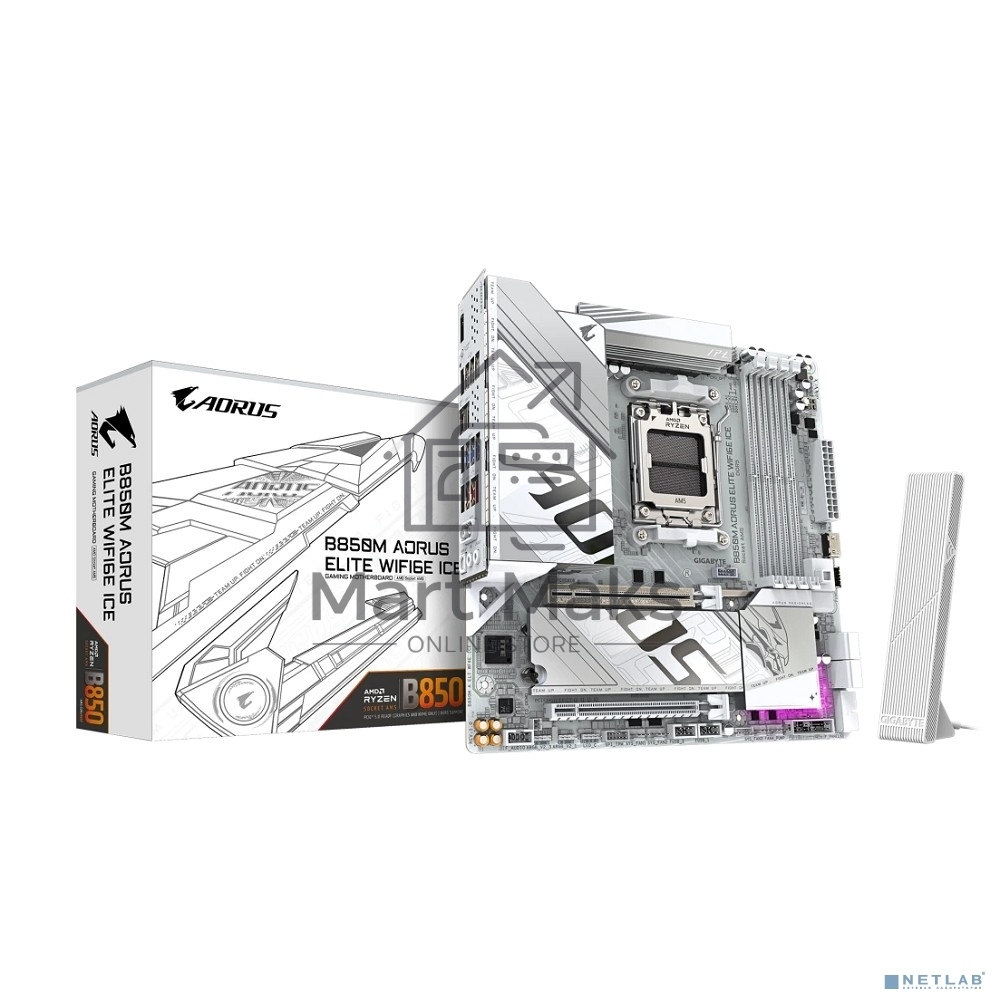 Материнская плата Gigabyte B850M AORUS ELITE WIFI6E ICE, AM5, AMD B850, 4xDDR5, 4xSATA, 2xM.2, 1xPCIe 5.0 x16, 1xPCIe 3.0 x4, 1xDP, 1xHDMI, 1x2.5Gb LAN, Wi-Fi 6E, Bluetooth 5.3, 2xUSB-A 10Gbps (Gen2), 5xUSB-A 5Gbps, 4xUSB-A 2.0, 1xUSB-C 10Gbps (Gen2), 2x3
